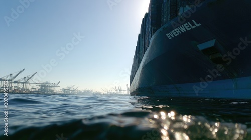 Massive ship's hull dominates a bright, sun-drenched harbor with cranes