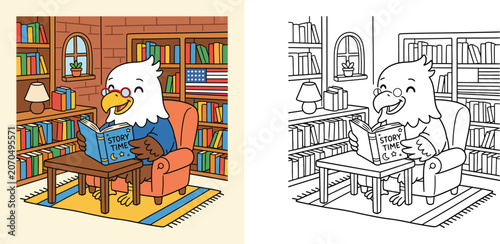 Cute bald eagle character reading a book in library, colorful vector illustration and black and white coloring page template for kids