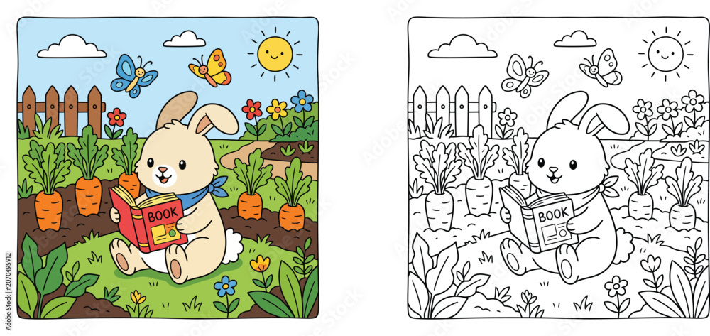Fototapeta premium Cute Rabbit Reading Book in Garden Cartoon Illustration and Coloring Page for Kids, Funny Bunny in Carrot Patch Vector Design Set