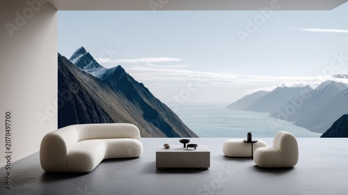 Modern Living Space with Mountain View: A minimalist interior features a curved cream sofa and modern furniture, perfectly framing a breathtaking panoramic view of majestic.