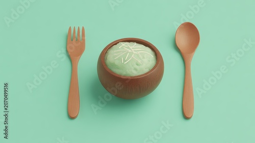 Minimalist Meal: A humble wooden bowl filled with a refreshing green dish, flanked by a fork and spoon, sits ready for enjoyment on a tranquil teal background.