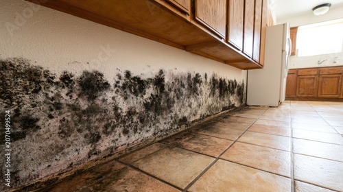 Black mold spreads across a white wall above tiled flooring in a kitchen