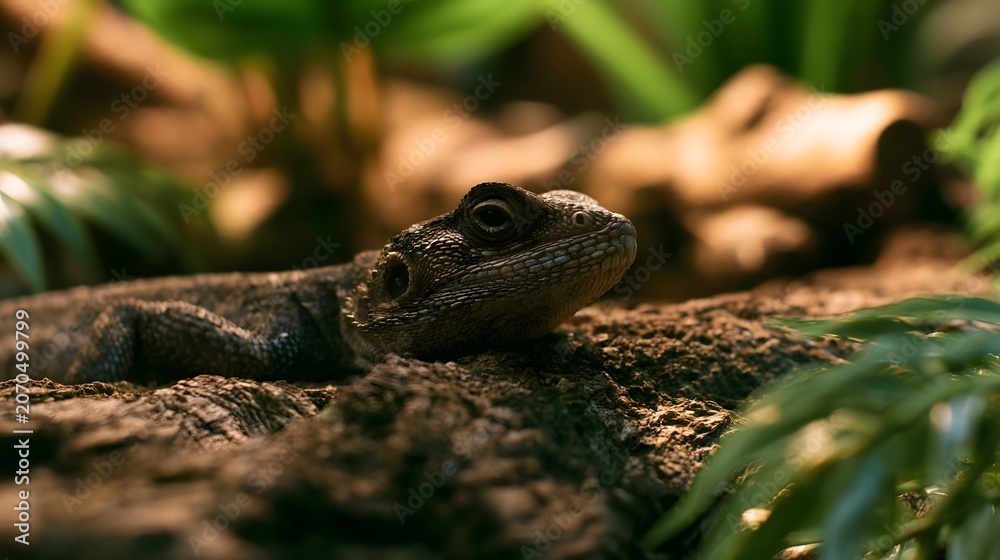 Fototapeta premium A lazy lizard rests peacefully on a log within a cozy naturally lit home environment