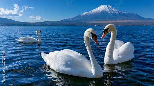Three pure white swans on deep blue water