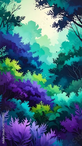 Vibrant Lush Forest Foliage Layered in Dreamy Misty Woodland