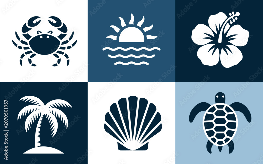 Obraz premium A professional and clean collection of high contrast navy blue beach icons featuring a crab, sun, flower, palm, shell, and turtle.