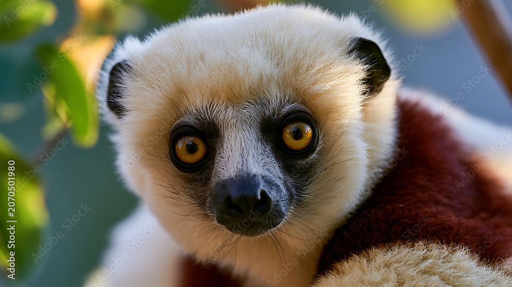 Fototapeta premium The Sifaka lemur has thick, soft cream-colored fur and dark brown shoulders