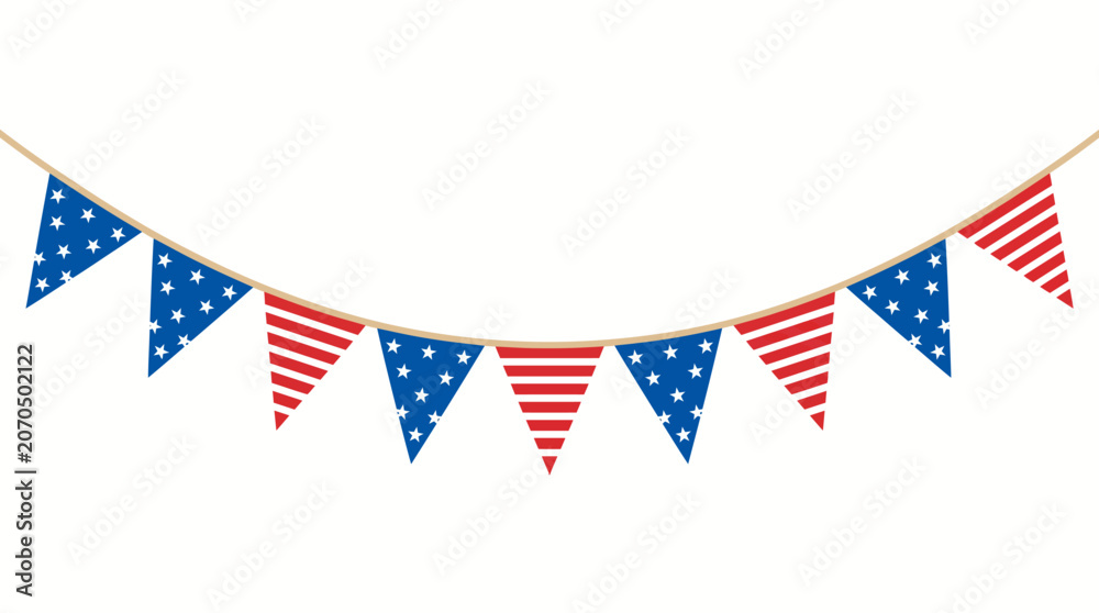 Obraz premium Patriotic American bunting banner with red white and blue triangle flags and stars for Independence Day celebration