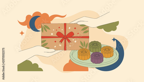 Caring hands exchange beautifully wrapped mooncake gift box with plate of traditional pastries during mid autumn festival.