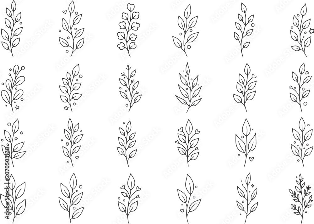 Fototapeta premium A collection of hand-drawn botanical leaf and branch illustrations in a minimalist sketch style.
