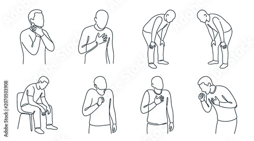 Set of line art illustrations showing various symptoms of illness and medical conditions.