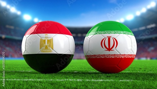 Two soccer balls in flags colors on a stadium blurred background. Egypt vs Iran 3D image.