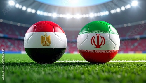 Two soccer balls in flags colors on a stadium blurred background. Egypt vs Iran 3D image.