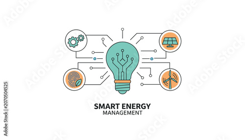 Smart energy management concept showing electric light bulb connected to renewable energy icons of solar panels and wind turbine.