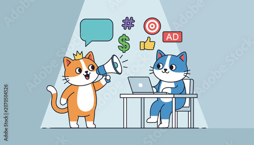 Cartoon cat digital marketing manager presenting online advertising campaign strategy on laptop to royal cat boss.