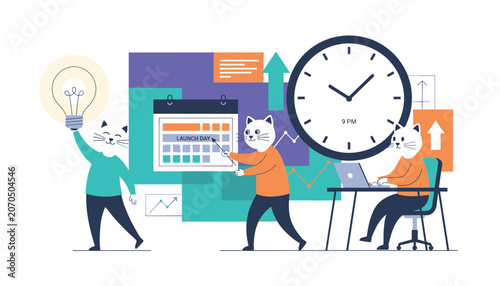 Group of cartoon cats working late to organize launch day project with big clock, calendar, laptop, and lightbulb idea.
