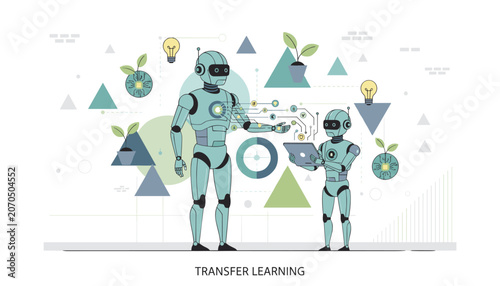 Transfer learning in artificial intelligence featuring big robot teaching small robot holding a digital tablet in virtual environment.