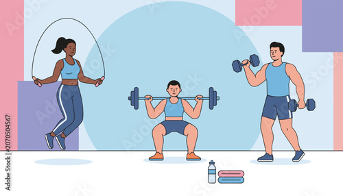 Diverse group of people exercising in the gym with jump rope, squatting with barbell, and lifting dumbbells for fitness.