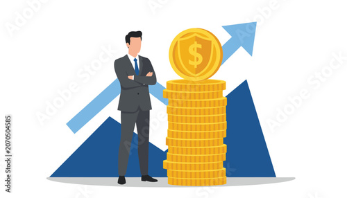 Businessman standing next to high stack of gold coins with upward growing arrow graph representing wealth and investment success.
