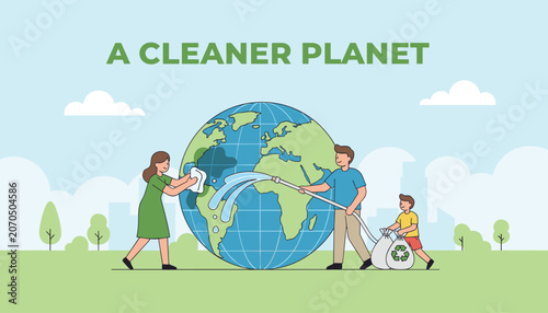 Eco friendly family cleaning up the globe to create a cleaner planet with water hose, cleaning cloth, and recycling trash bags.