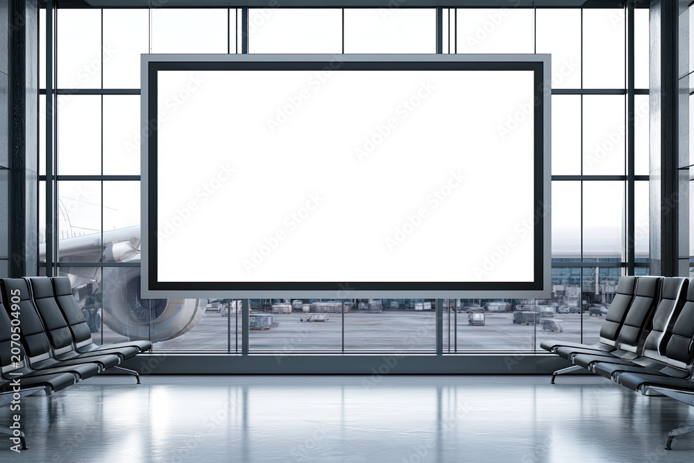 Fototapeta premium Empty digital billboard at airport terminal, with plane visible through window