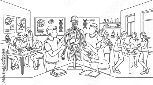 Students in a biology classroom studying a human anatomy model.
