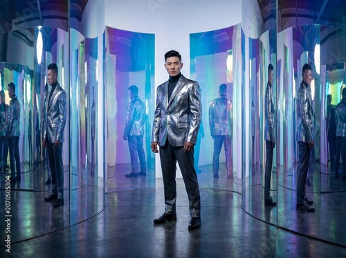 Man in Metallic Blazer Surrounded by Mirror Reflections