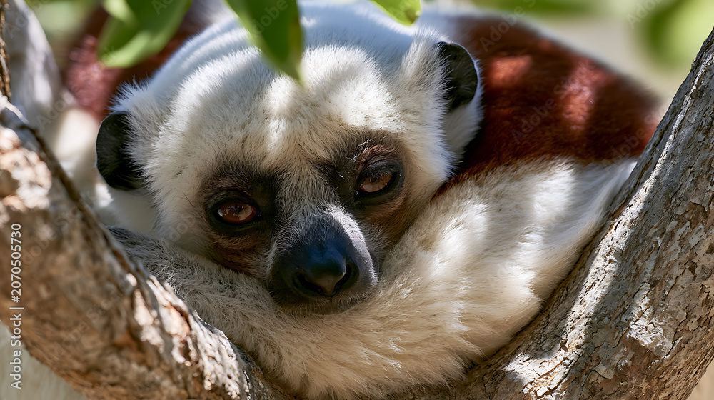 Fototapeta premium A sifaka lemur was curled up in a tree fork