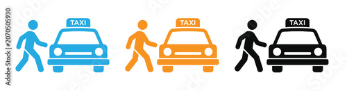 Bild auf Leinwand People walking icons of towards taxis in blue orange and black vector illustration