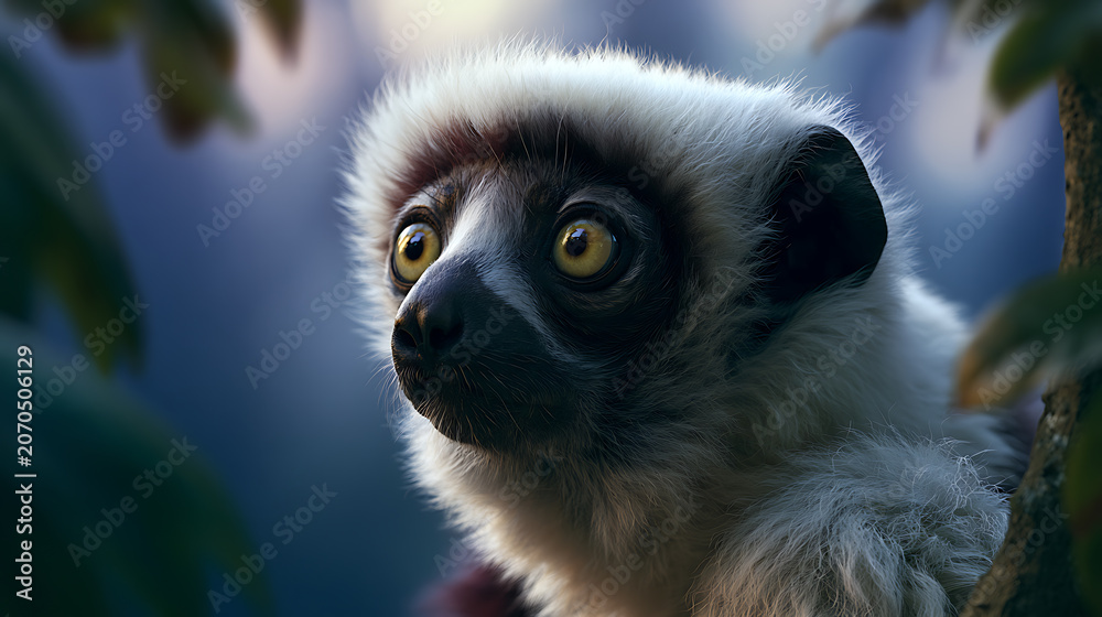 Fototapeta premium A sifaka lemur at dusk, with bright yellow eyes