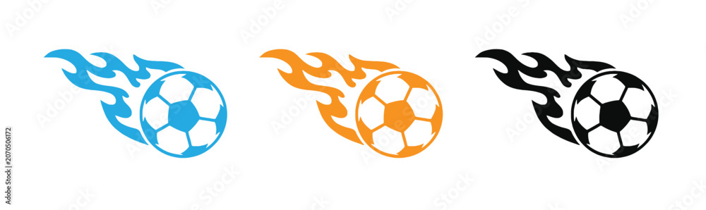 Fototapeta premium Soccer ball icons with flame designs in blue, Orange, And black colors for sports and football concepts vector illustration .