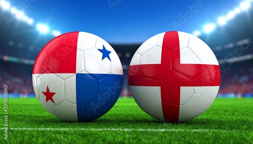 Two soccer balls in flags colors on a stadium blurred background. Panama vs England 3D image.