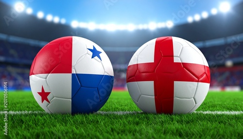 Two soccer balls in flags colors on a stadium blurred background. Panama vs England 3D image.
