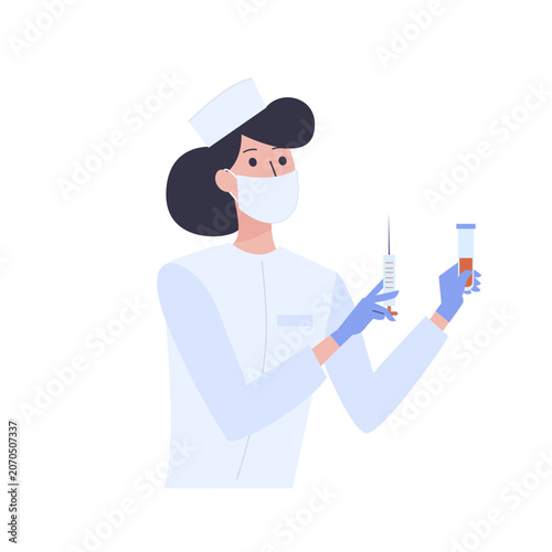 Female doctor in white coat holding a medical syringe and test tube with donor blood