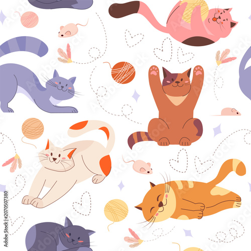 Funny cats seamless pattern with playing, sleeping pets with ball of yarn and toys. Cute kittens background for fabric, wrapping, texture