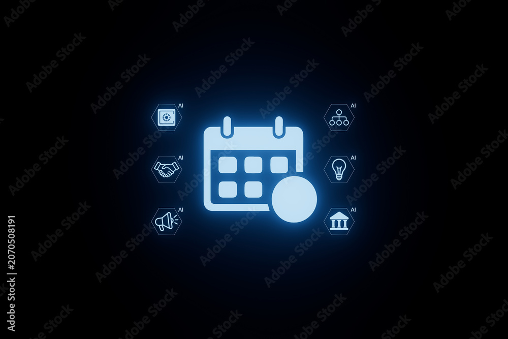 Fototapeta premium Digital calendar icon with supporting symbols representing various activities and concepts related to time management and technology