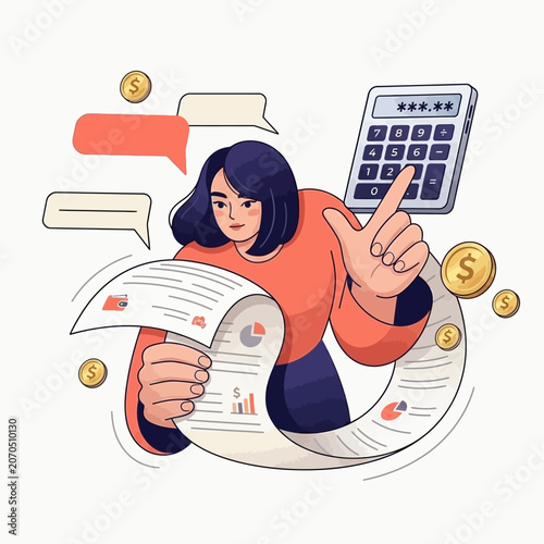 Woman examines financial documents with a calculator and discusses budgeting.