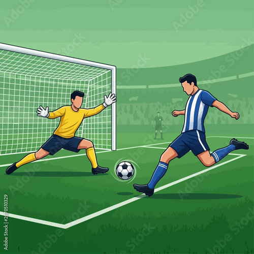 Soccer player kicks ball towards goal as goalkeeper attempts to block on stadium field