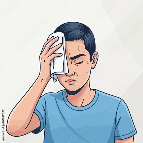 Man suffering from heat with cold cloth on forehead indoors