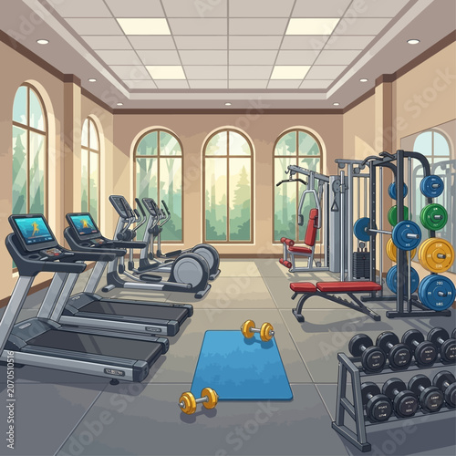 A modern gym interior with exercise equipment and a blue mat on the floor