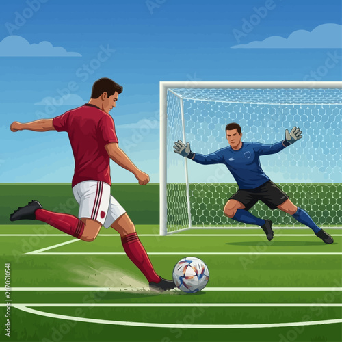 Soccer player kicking ball towards goal as goalkeeper attempts to block on green field