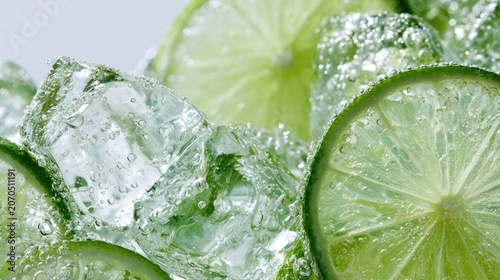 Close up of refreshing lime slices and ice cubes with bubbles