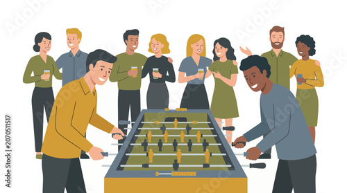 Happy diverse colleagues playing table football together in the office during break time, representing positive corporate culture and successful business team building