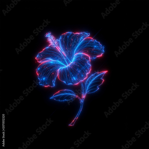 Glowing neon hibiscus flower in blue pink wireframe on black.
