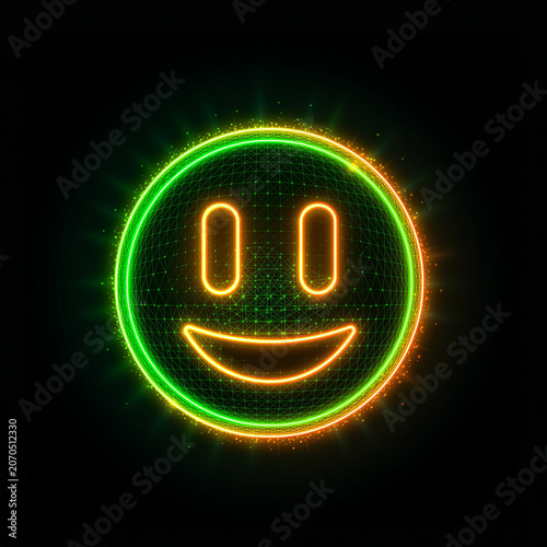 Glowing neon smiley face in green yellow wireframe on black.