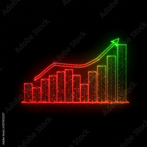 Neon cyberpunk growth chart with rising green arrow on black.