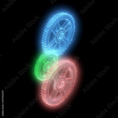 Neon interlocking gears in blue green red wireframe on black.