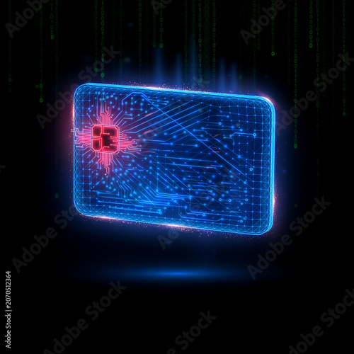 Neon circuit board with glowing processor on binary background.
