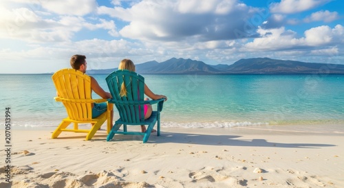 Couple in swimwear relaxing on beach chairs by turquoise water and mountains relaxation