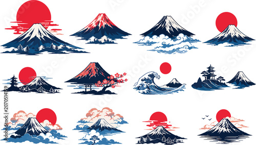 Foto Traditional Japanese Mount Fuji Vector Illustration Set Featuring Rising Sun, Gr